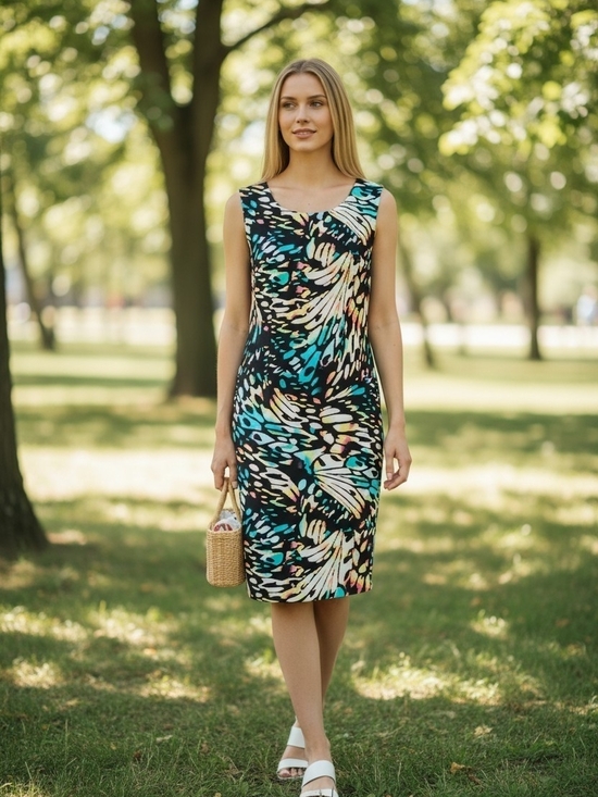 Worthington Dresses & Skirts - Worthington Teal, Black & Cream Printed Midi Sheath Dress